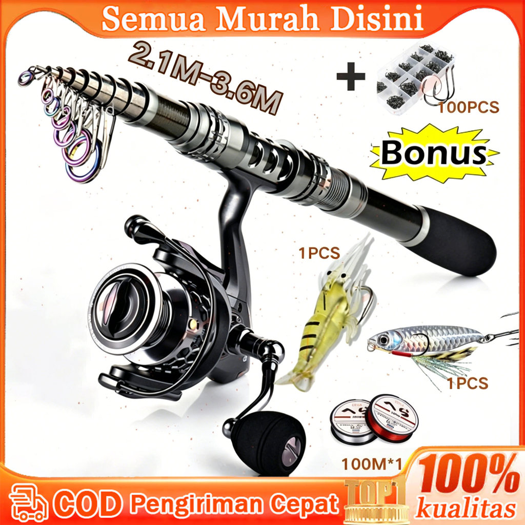 Beli 1 dapat 6 Reel Pancing Set Joran Pancing 1.8-2.4m 5.2：1gr Reel Pancing Memancing Laut Pancingan