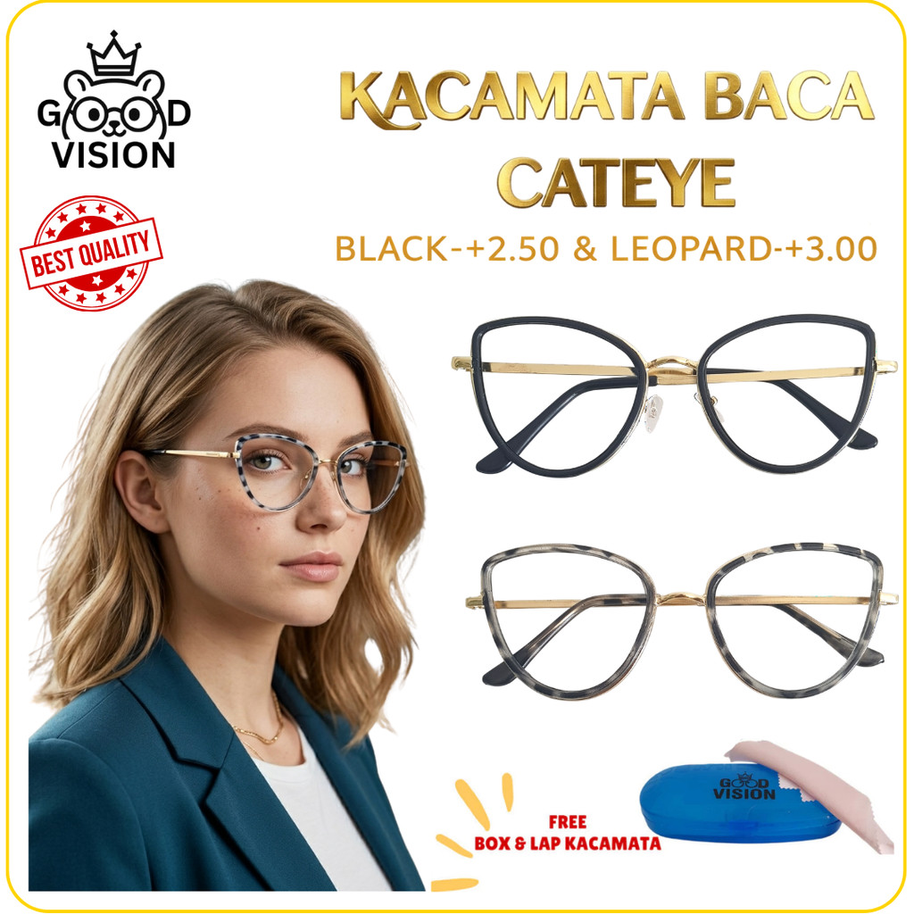 Kacamata Baca Cateye Elegan - Plus +2.50 Black & +3.00 Leopard Premium