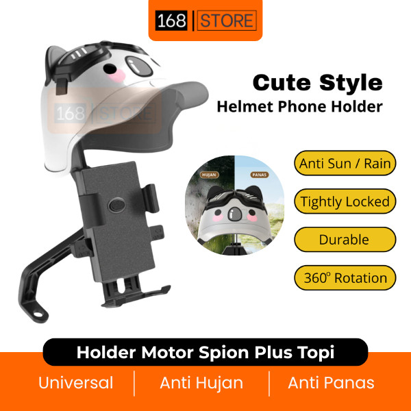Holder HP Motor Besi Plus Topi Helm Lucu Dudukan HP Spion Motor Anti Getar