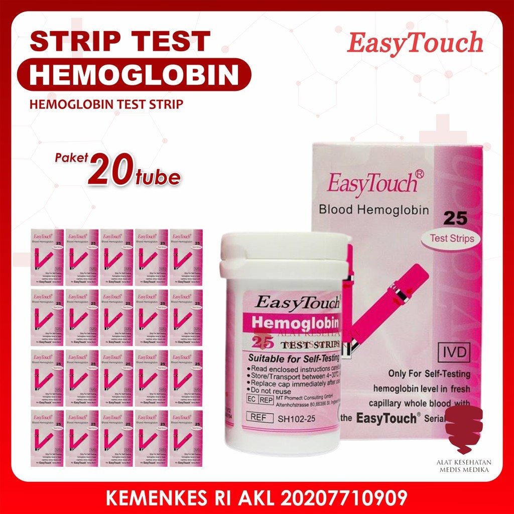 Paket Strip 20 Tube Easy Touch Hemoglobin Test Diangnosa Cek Hb Hemo untuk Alat GCU EasyTouch Refill