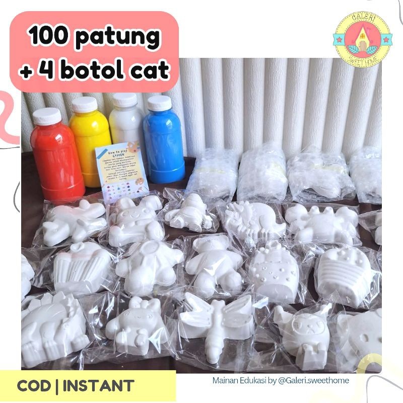 SUMERKAN Paket Usaha Lukis Patung Gipsum 100 pcs + 4 Cat 250ml Alat Peraga PAUD TK Aktivitas Melukis