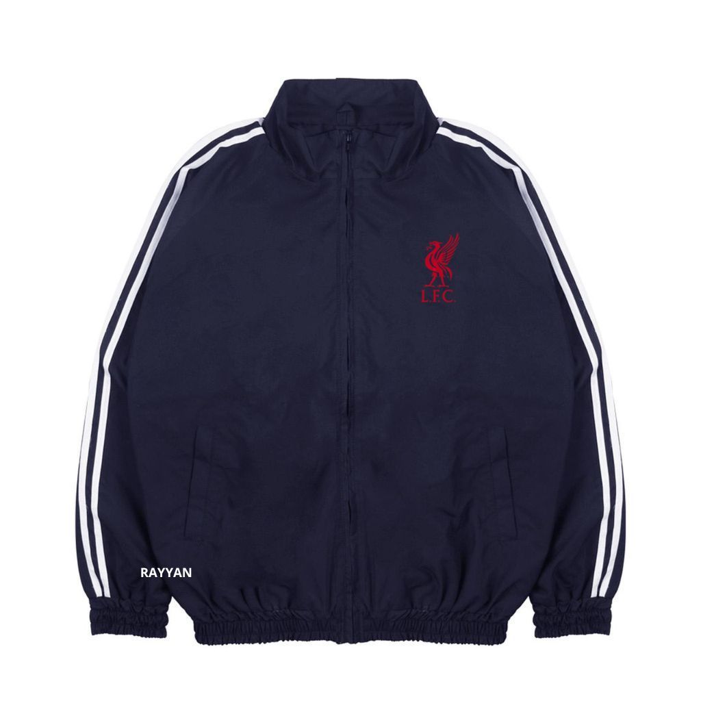 Liverpool Jacket Tracktop Unisex Footbal Club Top Eropa / Dunia Warna Navy Motif List Tangan Sz M-XL