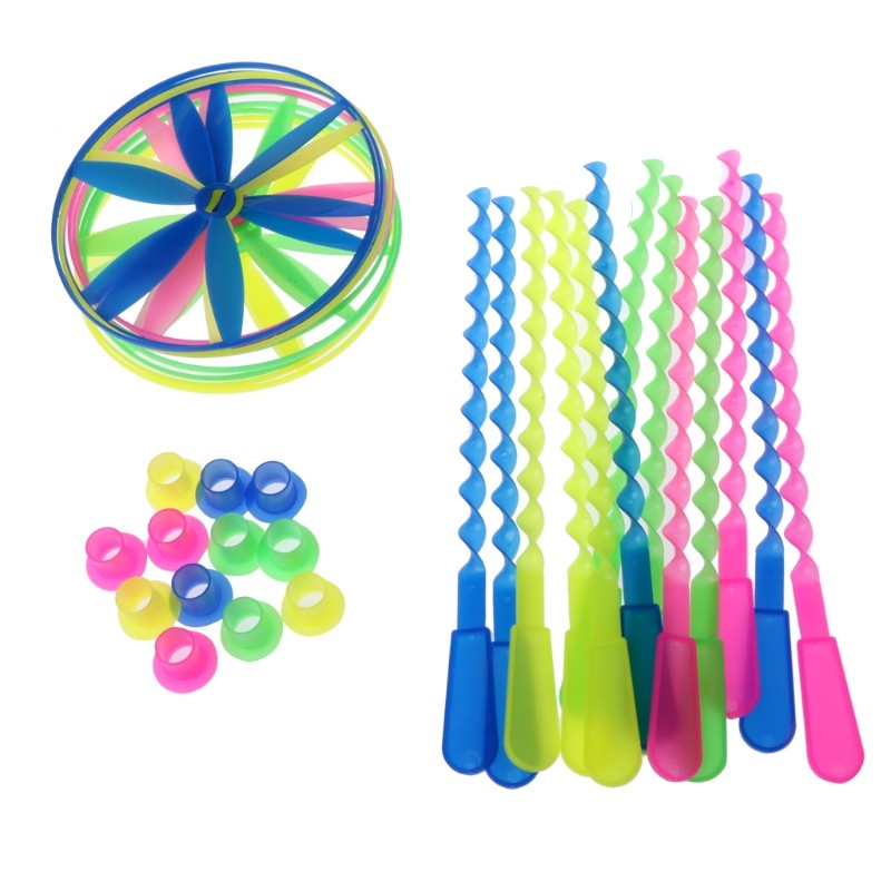4Pcs Twisty Flying Saucers Assorted Colors Helicopters Outdoor Bamboo Dragonfly Plastic Handle UFO T