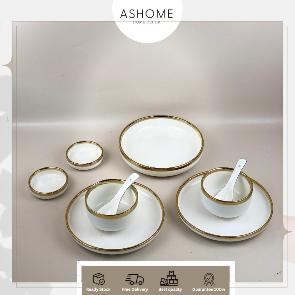 RoyalHuis Piring Set 2 Orang Piring Makan Set Keramik Putih Gold Isi 9 Pcs / Piring Set Keramik List