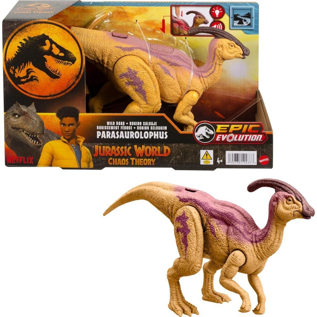 Mattel Jurassic World Wild Roar Dinosaur Action Figure, Parasaurolophus with Glowing Spine Reveal Li