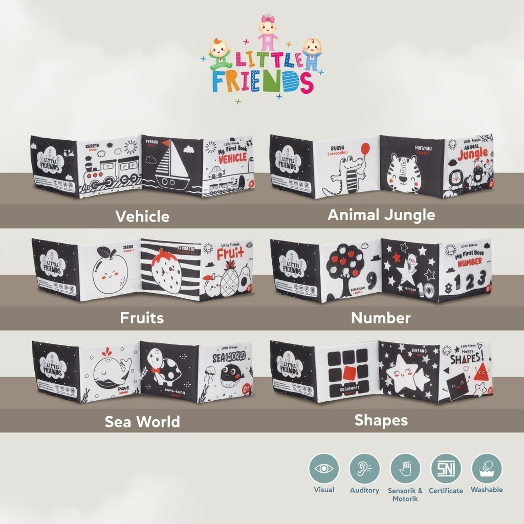 Soft Book Monochrome Besar Buku Kain/Mainan Bayi Edukasi/Buku Bantal Bayi Karakter Little Friends