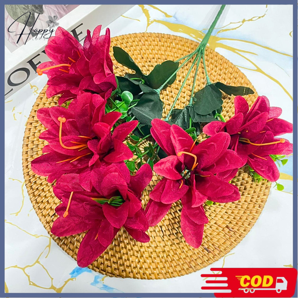 Bunga Lily Cabang 5 Dekorasi/Lily Tiger Casablanca/bunga dahlia/Bunga Artificial Murah Import(nk-329