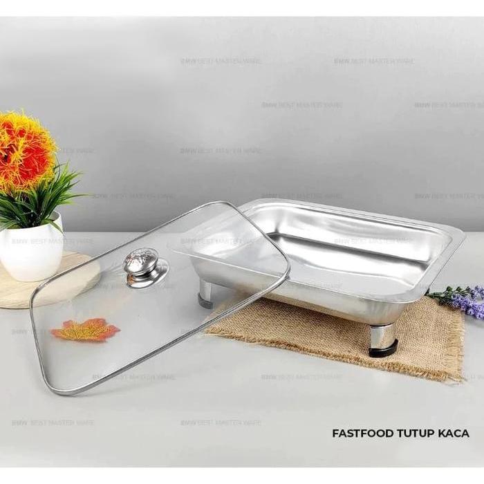 Wadah Saji Prasmanan-Nampan Stainless Persegi Tutup Kaca Tahan Karat [Harga Satuan]