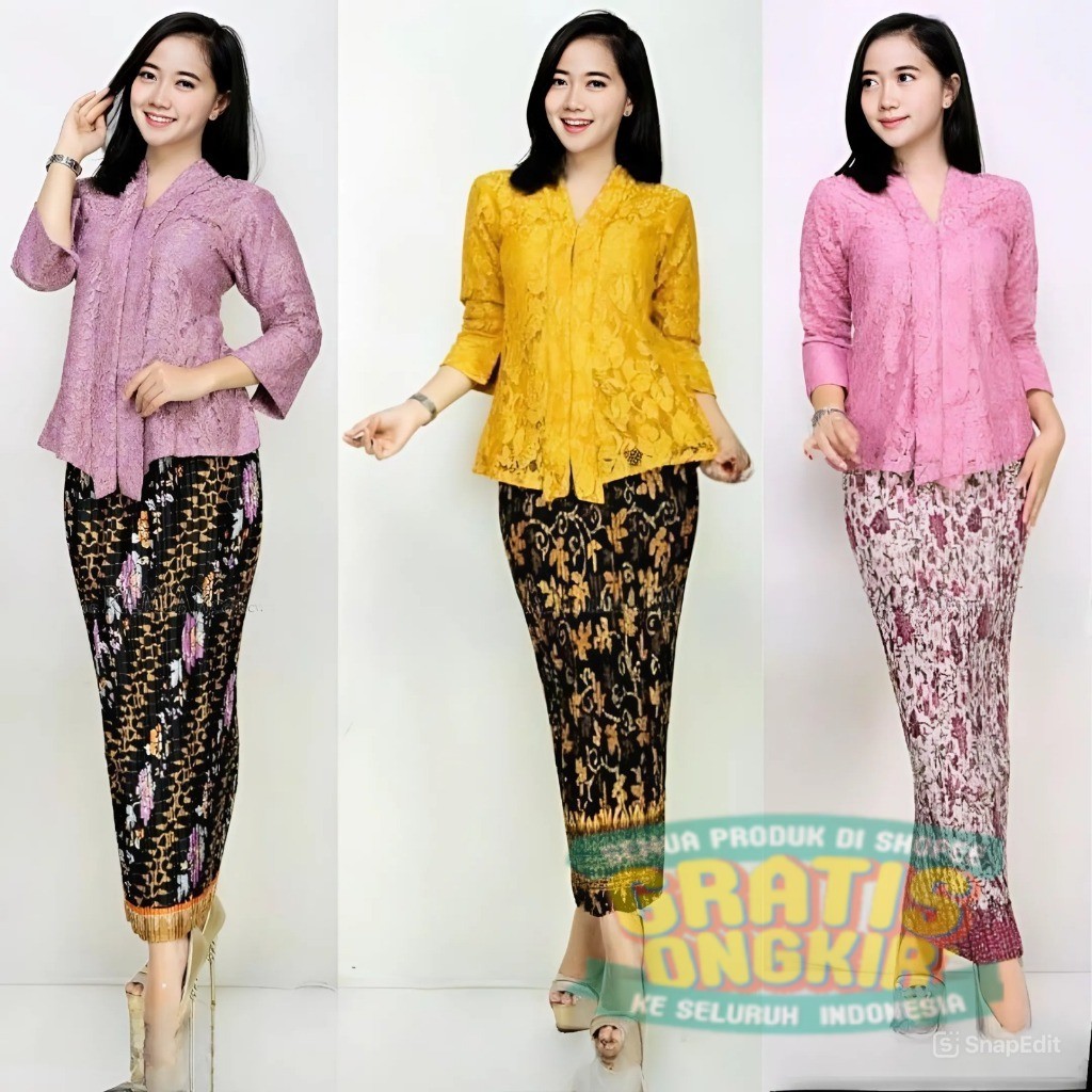 Setelan Kebaya Modern Kutubaru Floy Brokat Kebaya Kartini Wisuda Brukat Lace Set Rok Plisket Batik/ 