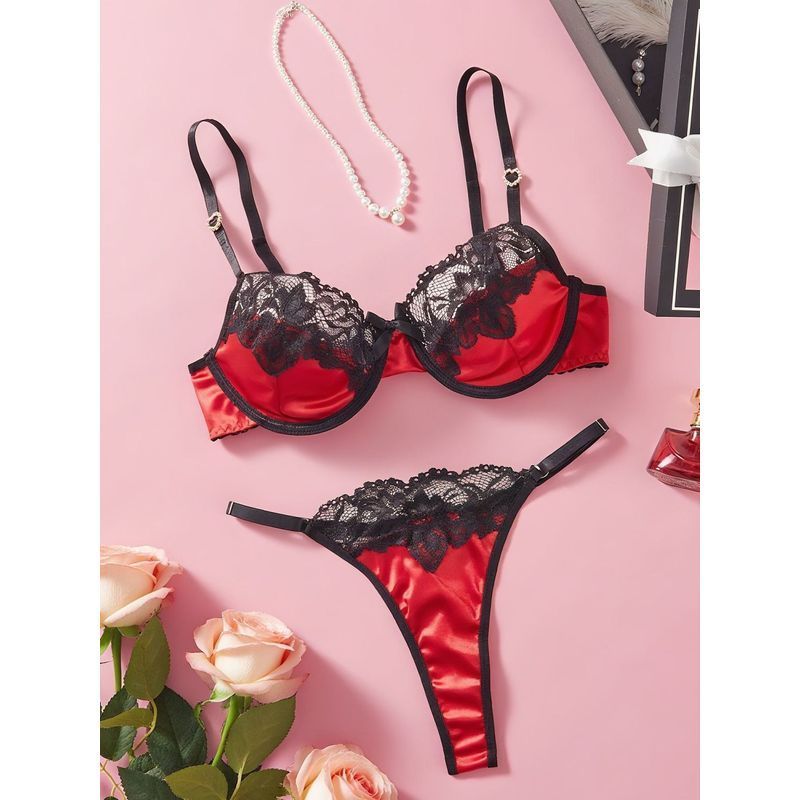 LadyAllure COD Set Lingerie Wanita Merah Satin Lace Transparan Bra Kawat Tipis + Celana Dalam T Seks