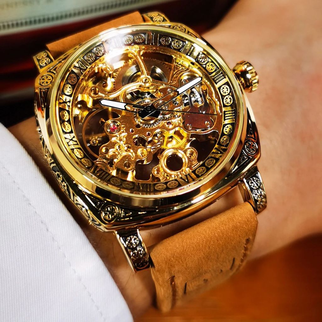 Forsining Royal Retro Skeleton Automatic Mechanical Watch for Men Leather Strap Business Casual Mens