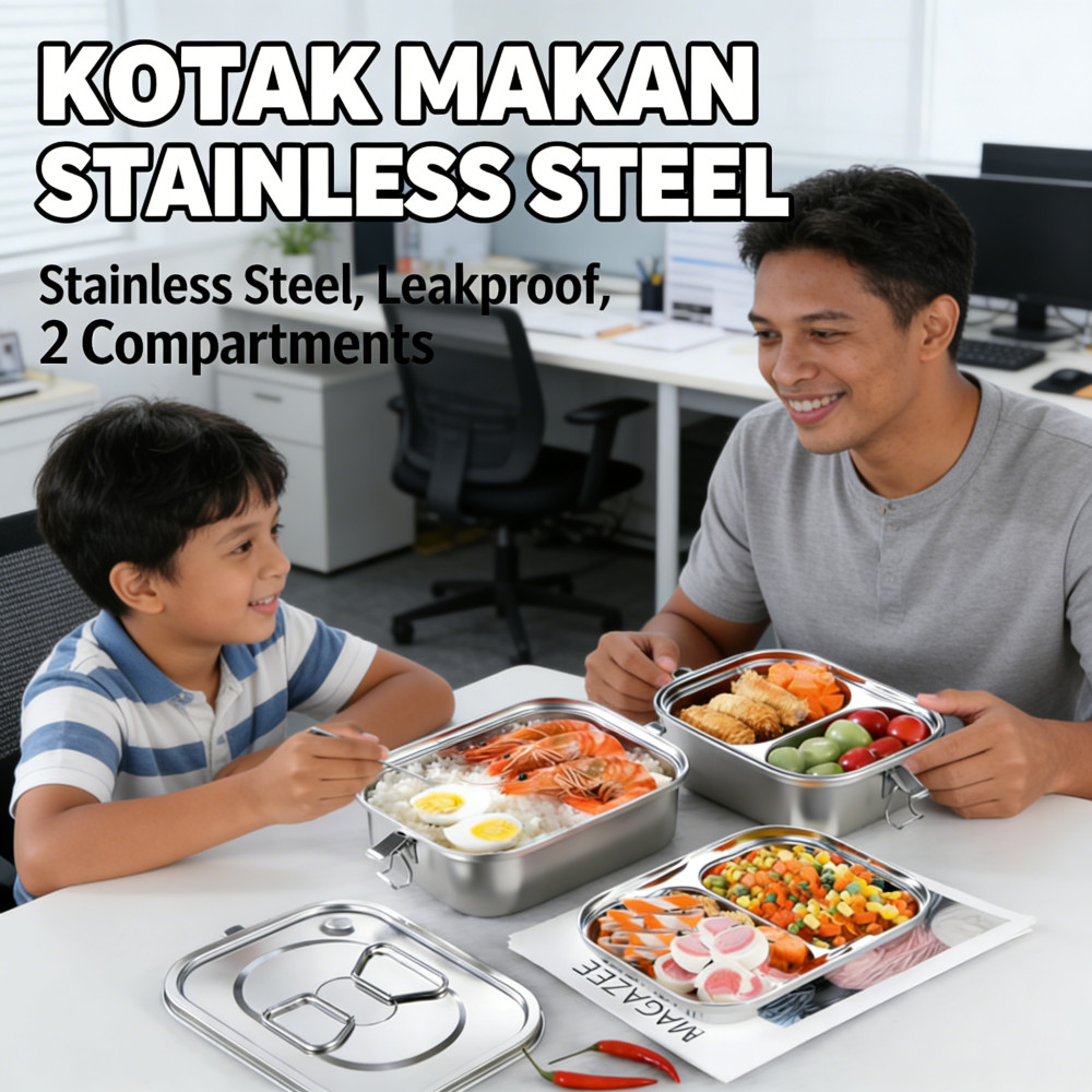 Makan Kotak 2 Tingkat Tempat SUS 304 Makan Stainless Makan/Kotak Makan Sekat Anti Tumpah