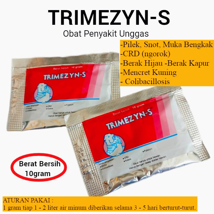 Obat Ayam Trimezyn-s 10gr Obat Unggas Snot Flu Pilek Ngorok Berak kapur Berak hijau Mencret Kuning