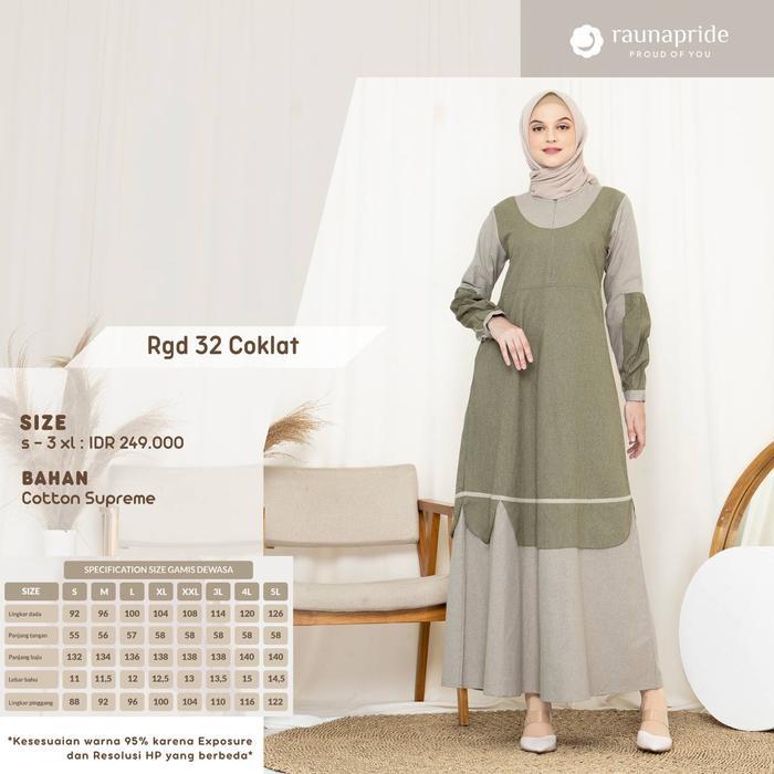 Baju Gamis Wanita Casual  Dewasa / Katun Rauna GD-32 / Fashion Muslim Polos Coklat Hijau - XXL, Cokl