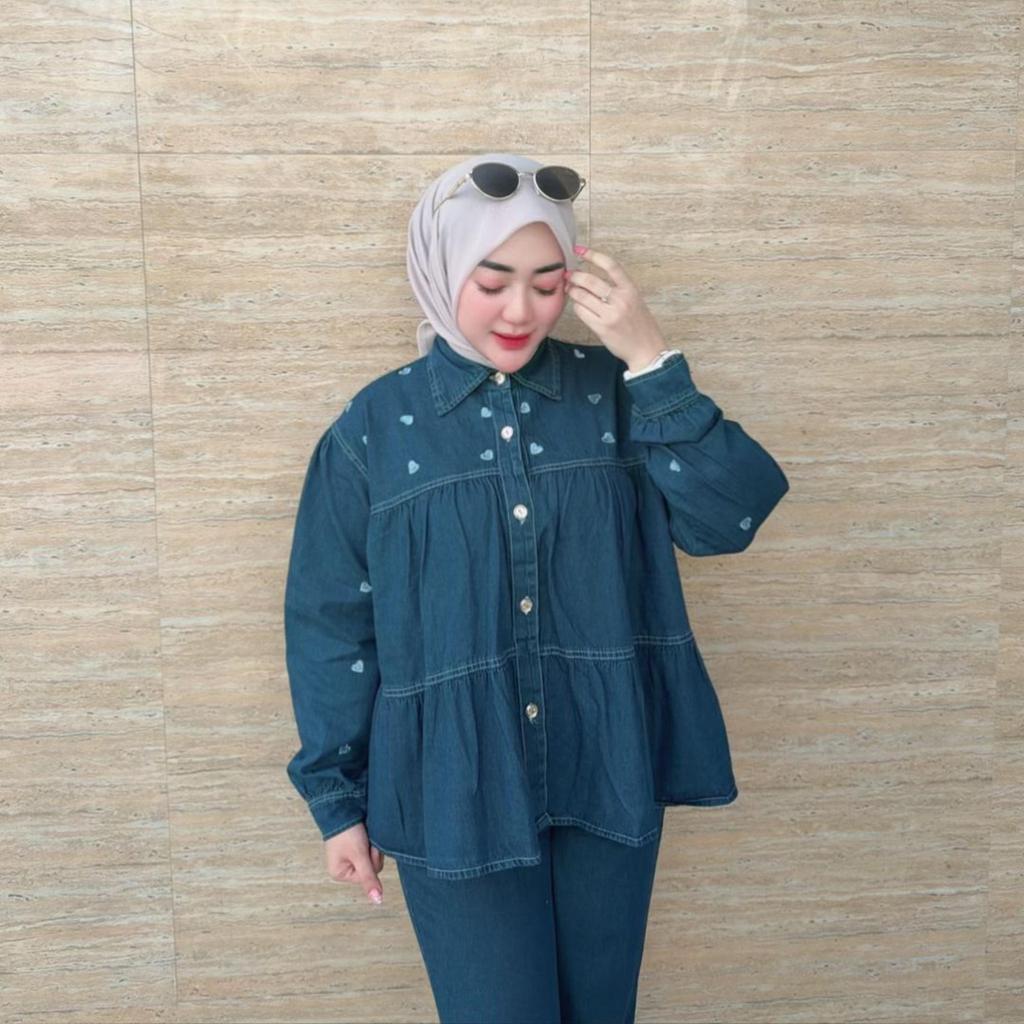 Jenna Set Denim Wanita Premium – One Set Kemeja dan Celana Cutbray Jeans Bordir - Setelan Jeans Bord