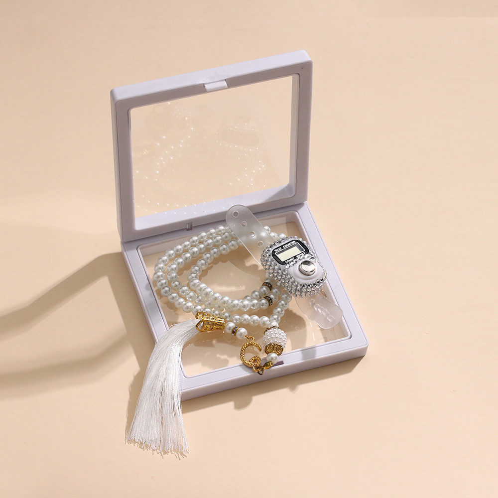 Tasbih Digital Manik-Manik Batu Permata Set dan Tasbih Mutiara Warna Pastel dengan kemasan Box