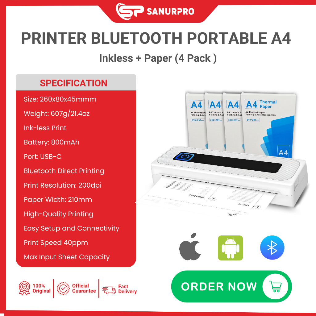 PRINTER BLUETOOTH PORTABLE A4 INKLESS + KERTAS ( 4 PACK ) PRINTER BLUETOOTH PORTABLE A4 INKLESS + KE