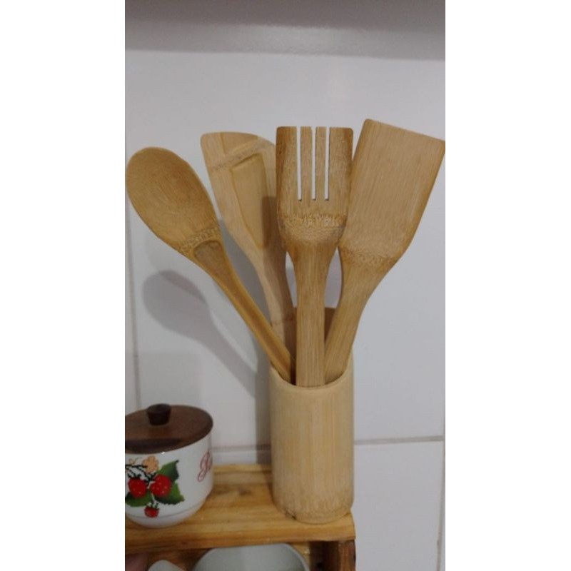 1 set kichen spatula bahan bambu asli, kuat dan tahan lama aman untuk masakan