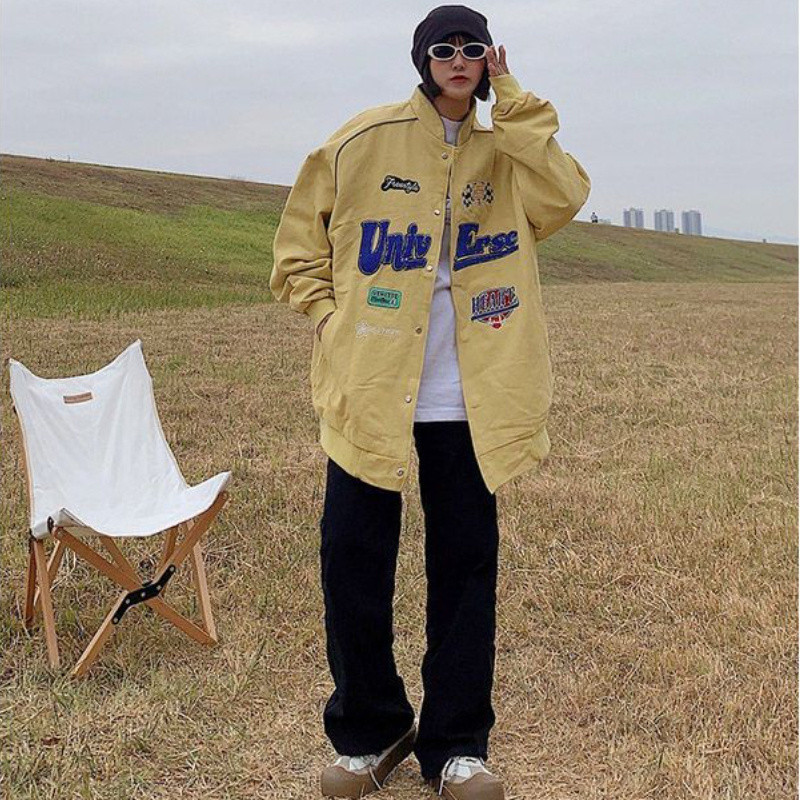 [Dia raja] Seragam bisbol trendi retro Jepang untuk pria dan wanita jaket pasangan bordir kasual