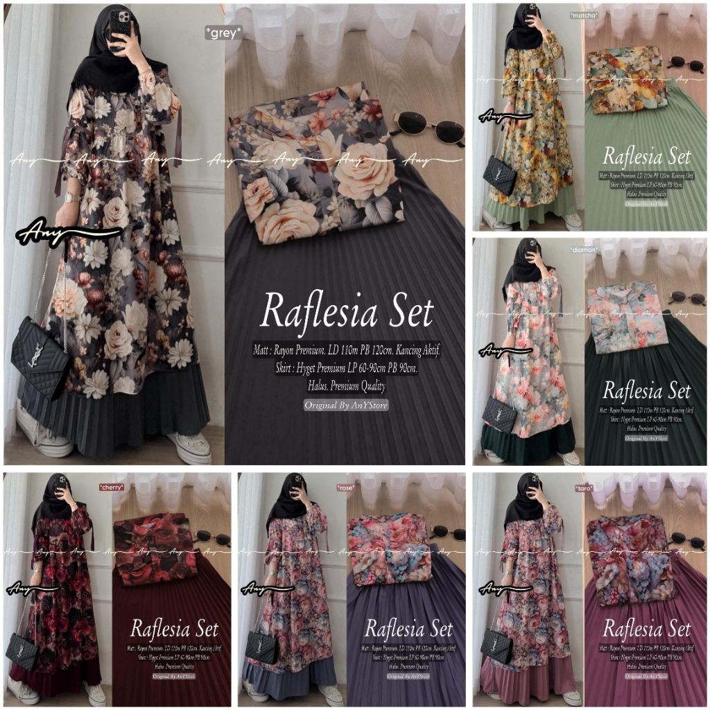 Raflesia Set Rok Original ANY Setelan Tunik Rayon Motif Bunga + Rok Plisket Premium