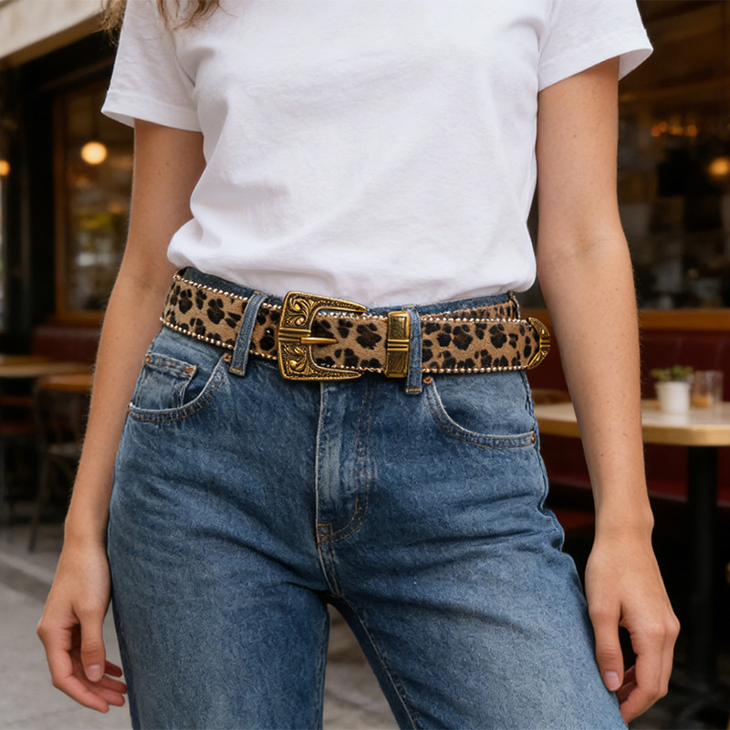 COD Ikat Pinggang Wanita Motif Leopard Kulit Sapi Sintetis Western Retro Buckle Antik untuk Celana J