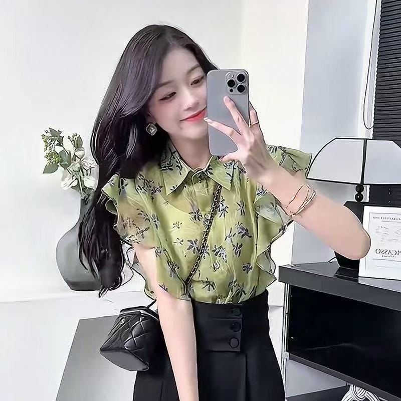 Blus sifon bermotif bunga bergaya vintage baru untuk wanita