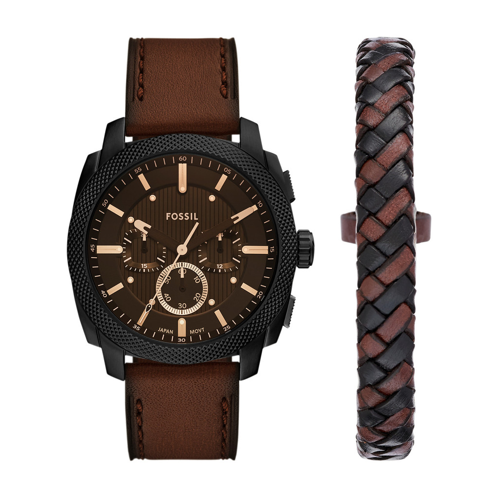 Fossil Machine Chronograph Brown Leather Watch And Bracelet Box Set - FS6102SET