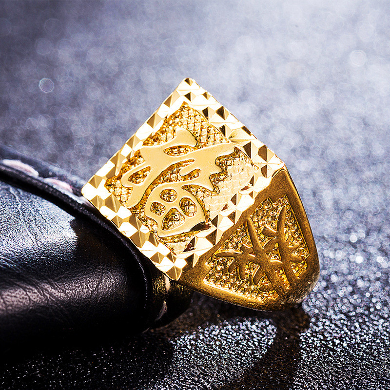 Cincin Pria Karakter Keberuntungan Terbuka Berlapis Emas Kuningan Imitasi Emas