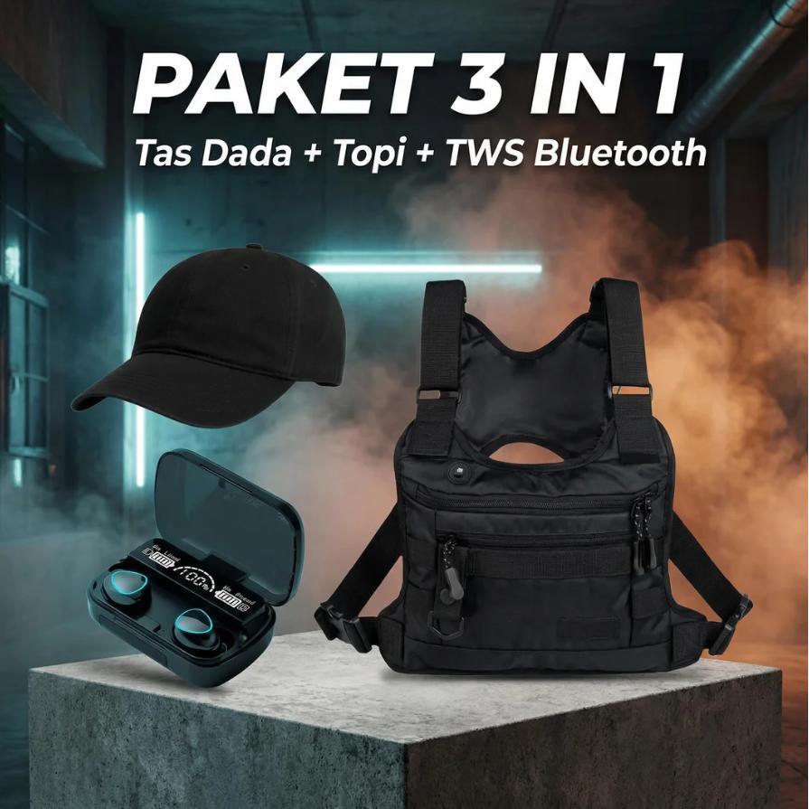 PAKET 3 IN 1 - Tas Selempang pria Tas Rompi Pria Wanita Tas Dada Chest Bag Outdoor Free TWS + Topi