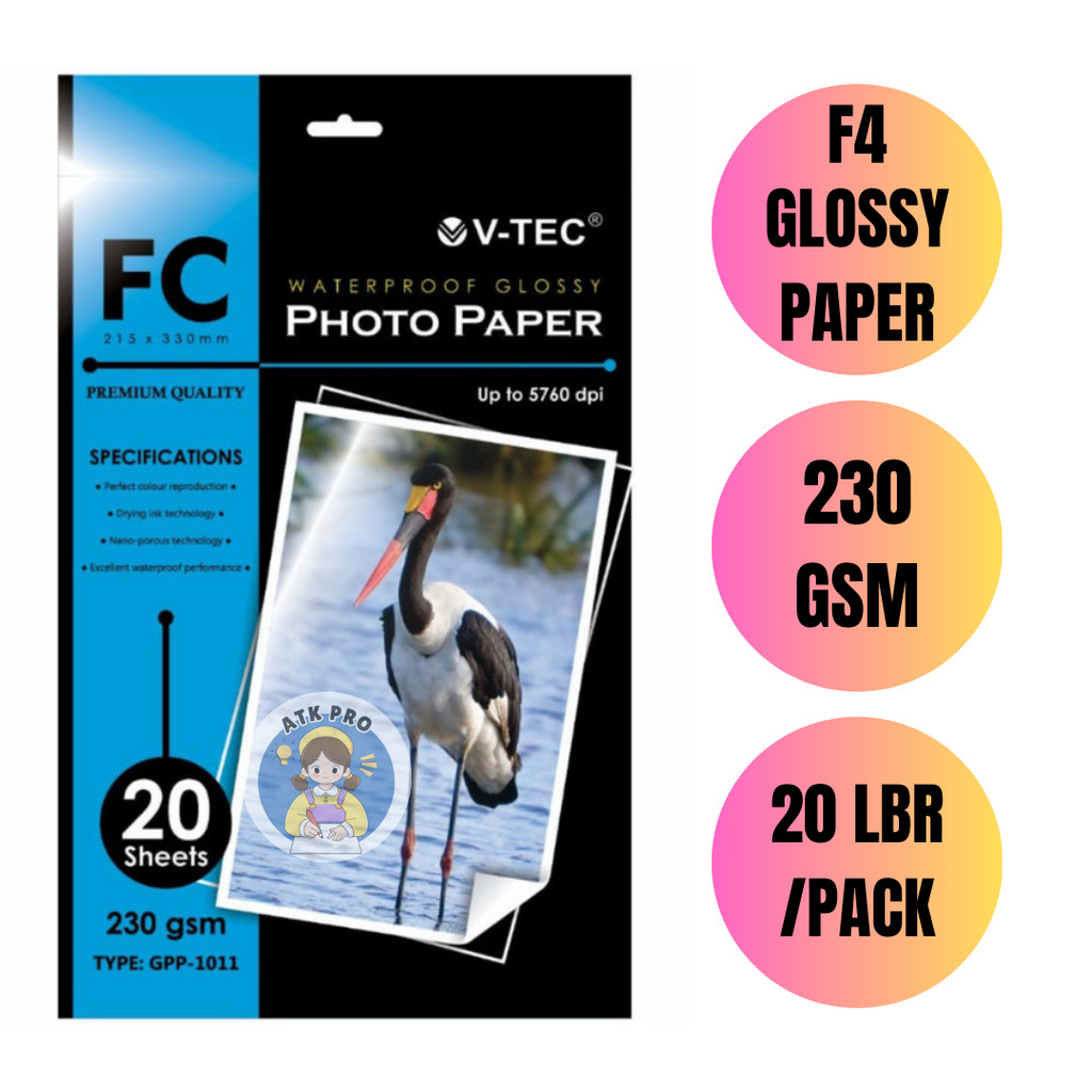 (1 Pack Isi 20) Kertas Foto Glossy F4 Folio 230GSM V-TEC 20 Lembar / Photo Paper FC V-TEC 230 GSM / 