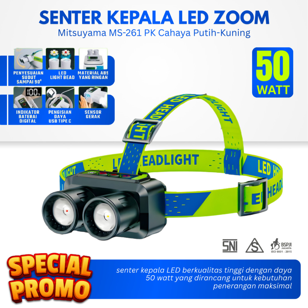Senter Kepala Zoom LED 50 Watt Mitsuyama MS-261PK Cahaya Putih-Kuning Headlamp Flash Light LED Batte