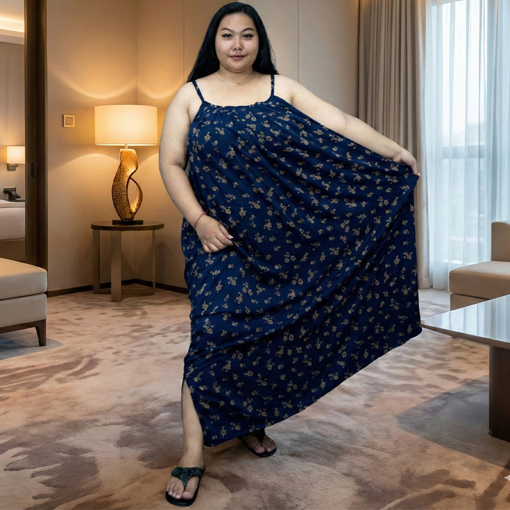 Dress rayon lobek panjang super jumbo wanita daster tali satu