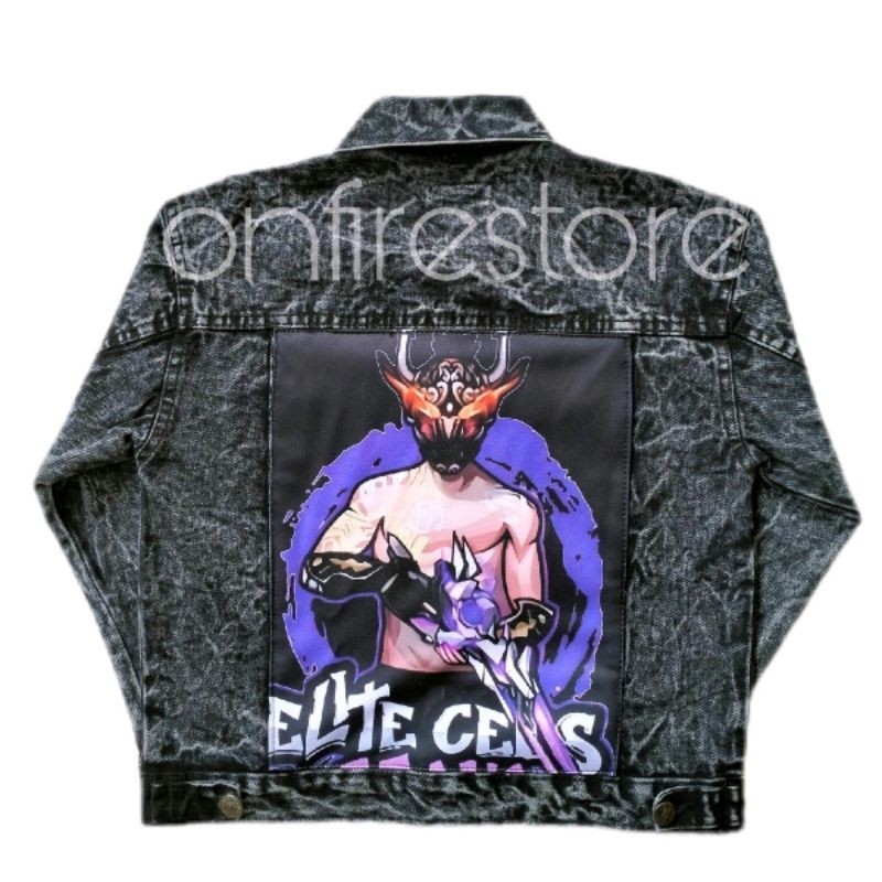 Jaket Jeans Denim Anak Laki Laki Perempuan FF Free Fire Elite Cees Gank Skin SG OPM dengan Printing 