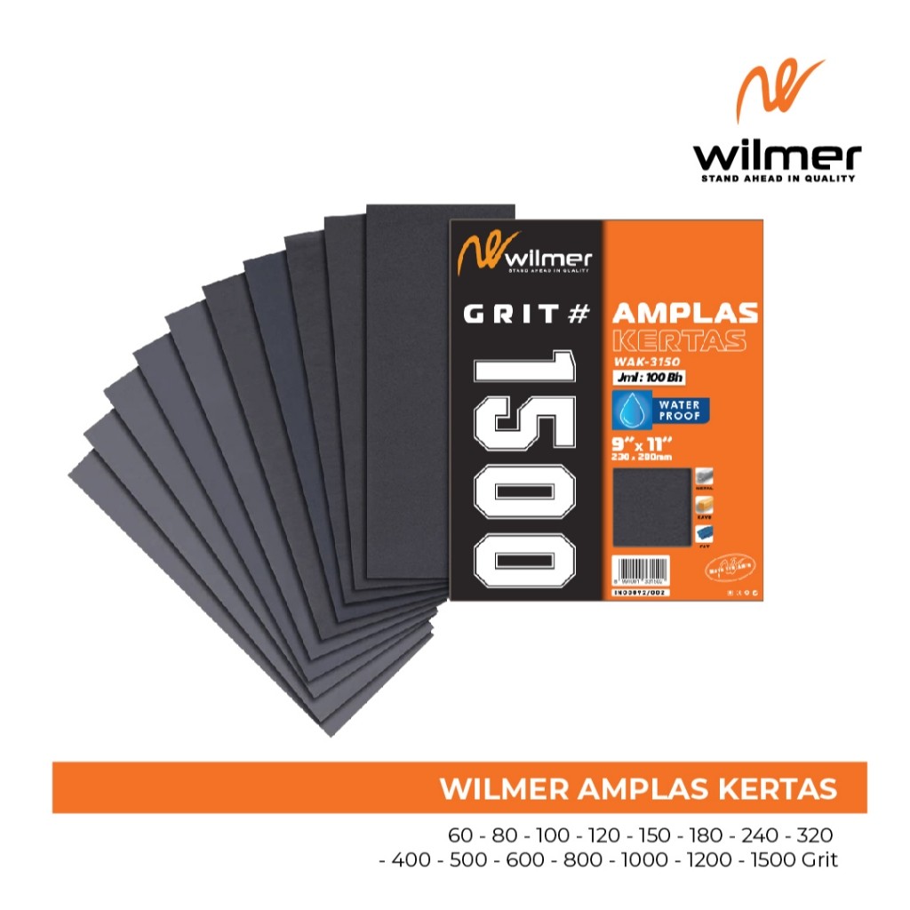 WILMER Amplas Kertas 9X11 CM ANTI AIR Resin Bonded, Flexible dapat di lipat, Awet - Grit 60-1500 >