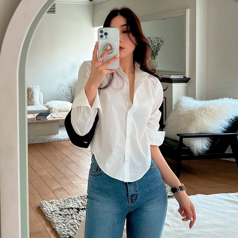 Kemeja Putih untuk Wanita Mungil, Gaya Pendek, Menyerut Pinggang, Gaya Prancis, Niche