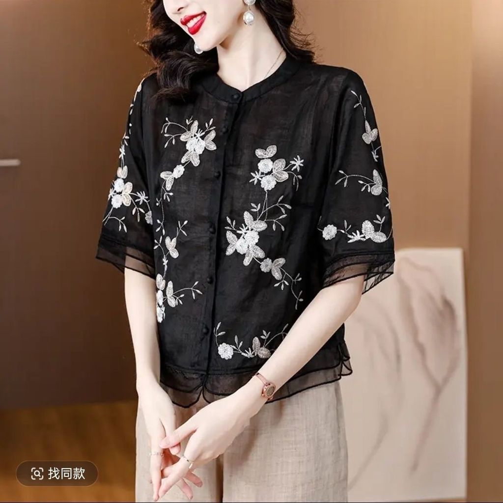 Retro shirt wanita sastra bordir kemeja temperamen splicing organza top