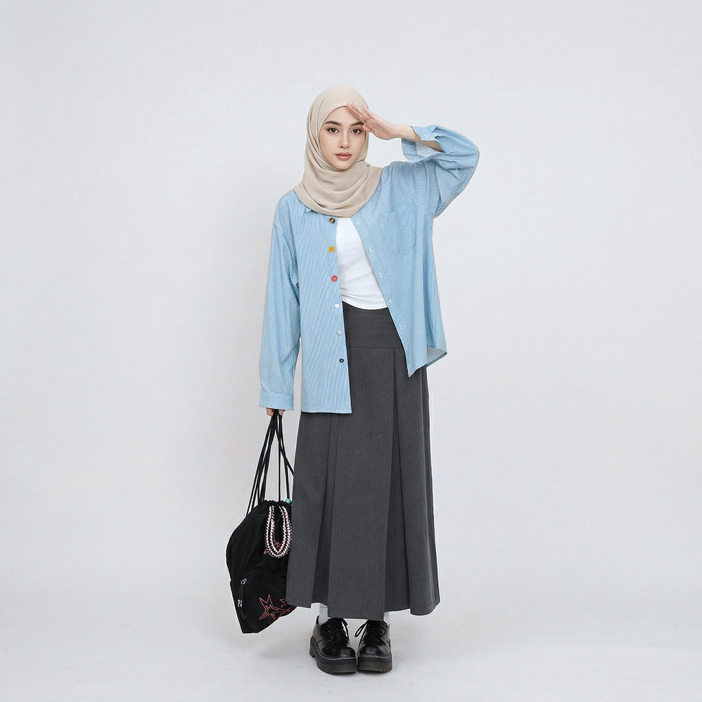 4.8/DB605/Kemeja Wanita Lengan Panjang Garis Garis Biru Muda Kemeja Kancing Warna Warni Wanita Kekin