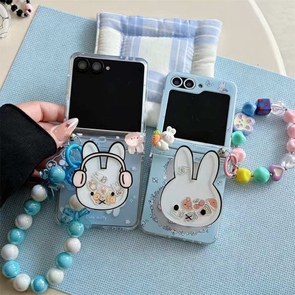 Casing ponsel berdiri lucu kelinci kartun bunga Korea INS untuk Samsung Galaxy Z Flip7 Flip6 Flip 5 
