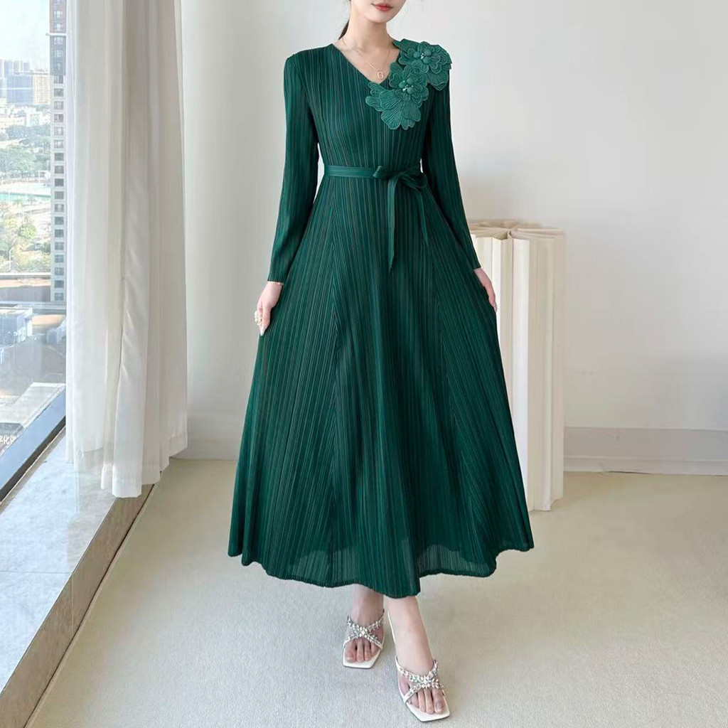 20262zz Dress longgar wanita, gaun leher V lengan panjang