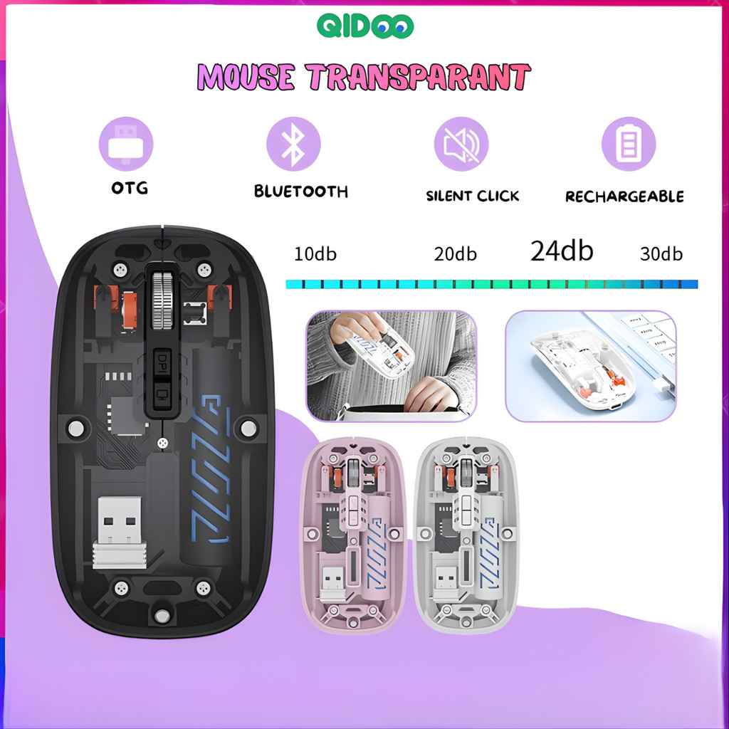 Mouse Transparant Wireless Bluetooth Silent Click Mini Slim 2.4G USB Rechargeable Desain Dual Mode U