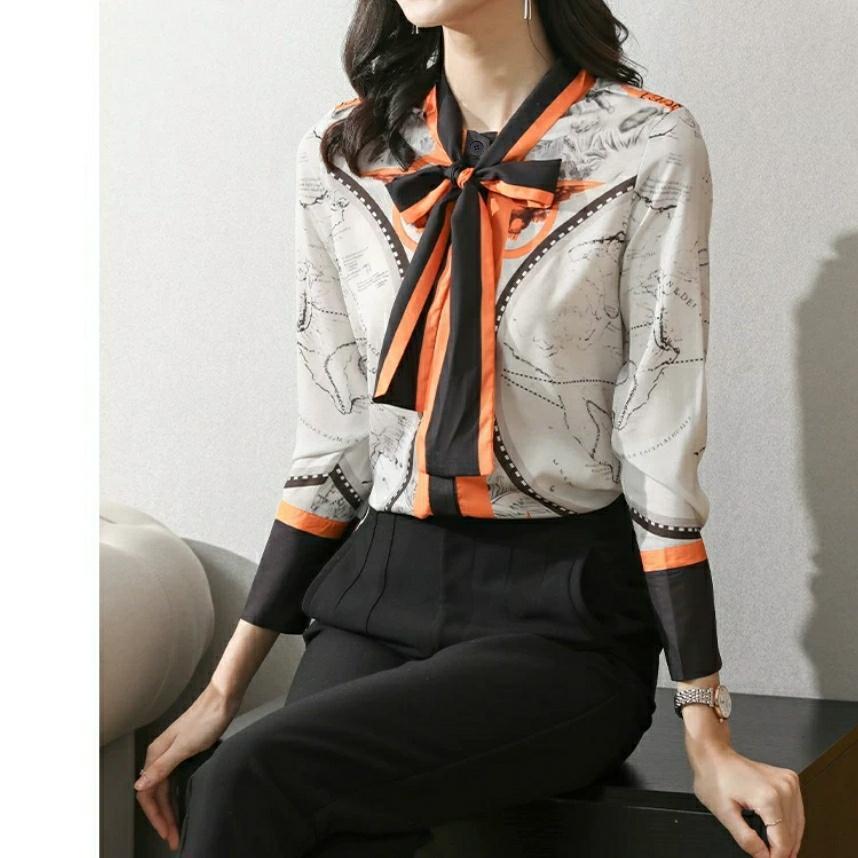 YR 3M KEMEJA 6842 TM THREE M TIE NECK SHIRT FASHION ATASAN WANITA PREMIUM ANGGUN