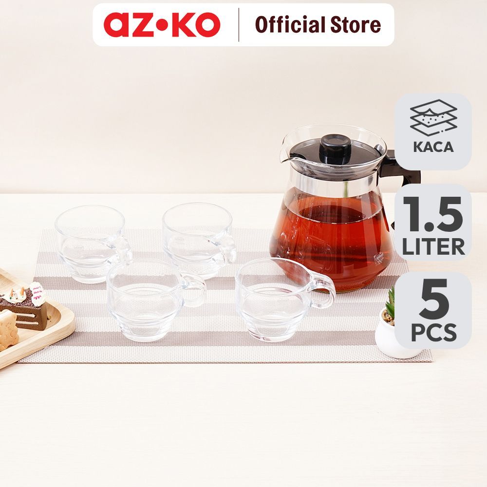 AZKO Culinart Teko & Cangkir Kaca 1.5 Ltr Set 5 Pcs - Hitam Teko Cangkir Water Jug Set Minum Pitcher