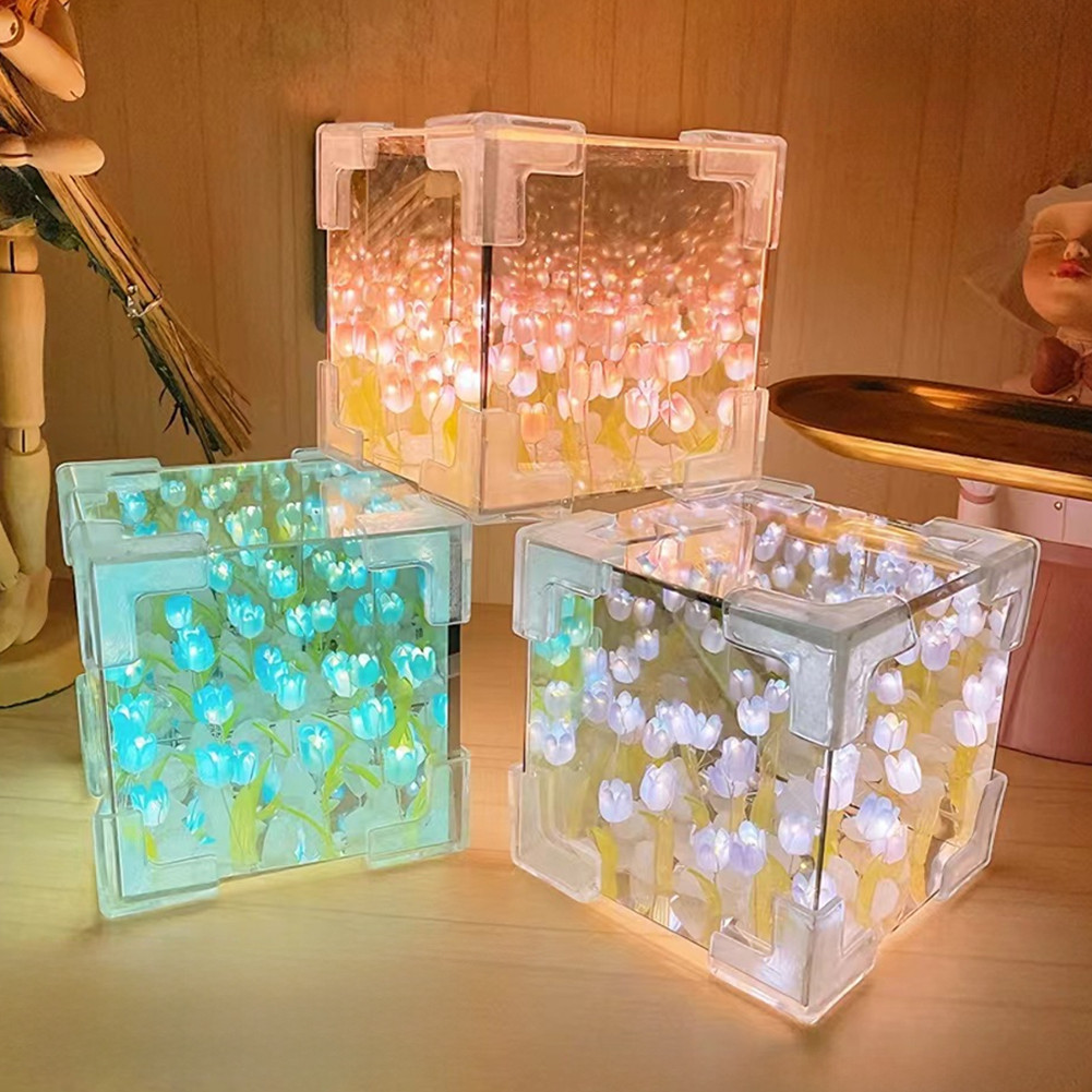 Lampu Malam Bunga Tulip Dekorasi Kamar Tidur Plastik Mini untuk Hadiah Ulang Tahun