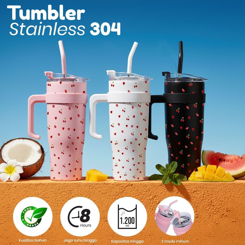 Tumbler Stainless Steel 304 1200ml Motif Strawberry Warna Pink Putih Hitam Tutup Transparan dan Sedo