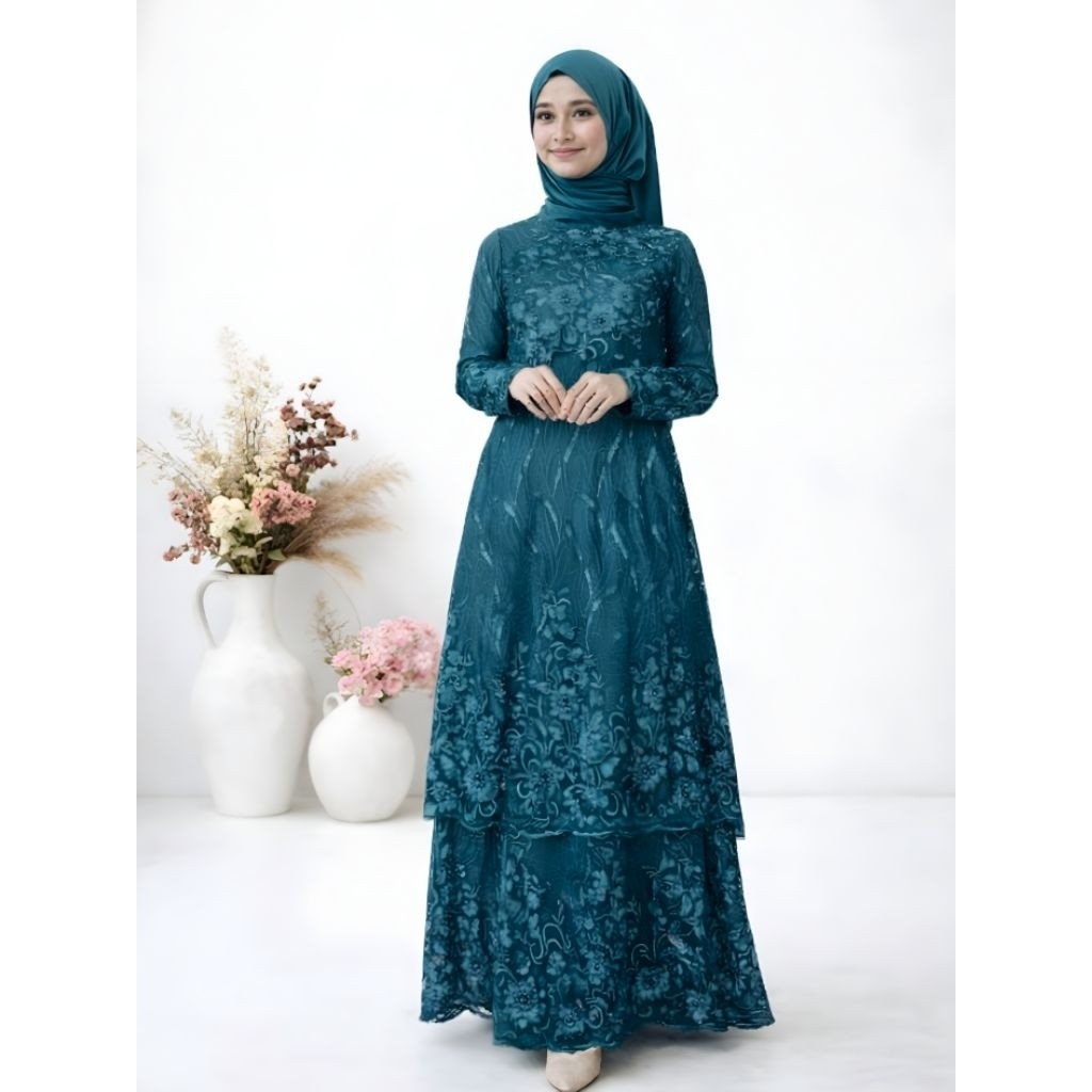Gamis Busui Dewasa Vitria Size M-XXXL Dress Brukat Susun Layer Brokat Tile Mutiara Mewah Pesta Konda