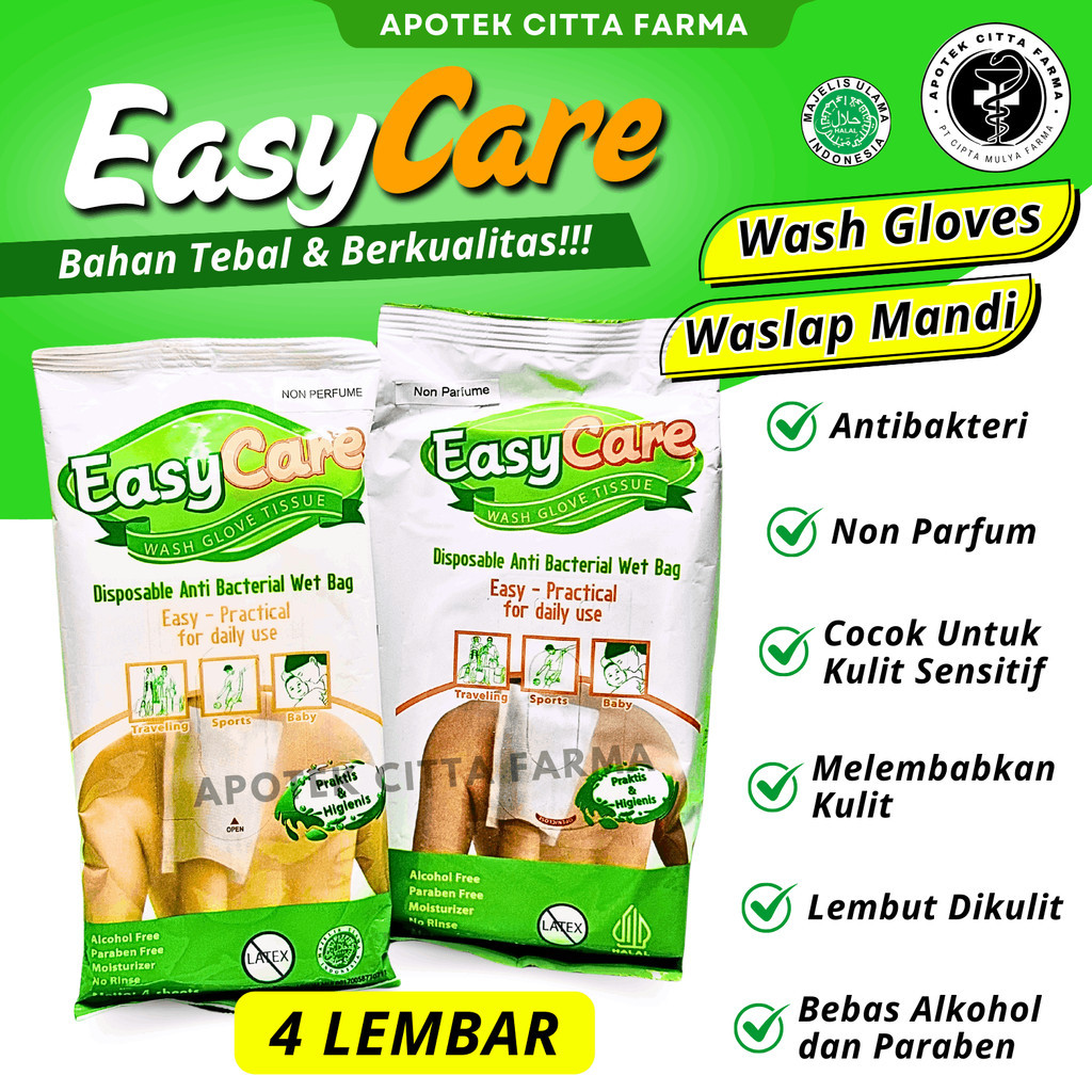 Easycare Wash Gloves 4 Lembar Non Parfume - Washlap Sekali Pakai Non Alcohol / Tissue Basah Mandi / 