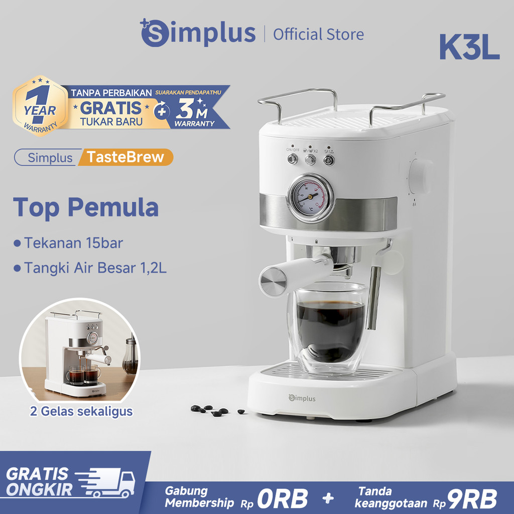 Simplus Mesin Espresso Semi Otomatis Tekanan 15bar Kapasitas Tangki 1,2L Ekstraksi 2 Gelas