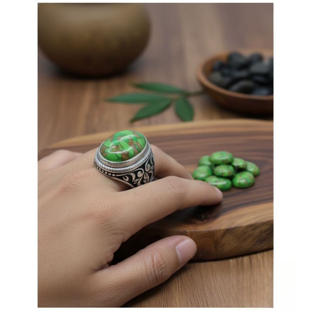 cincin batu pirus mesir hijau urat emas