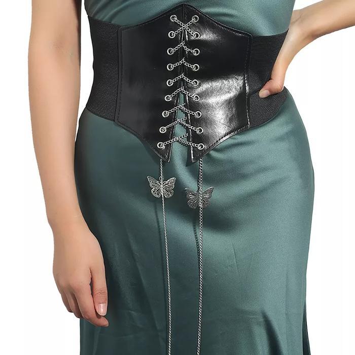 (MAGEWAT) Belt Korset Sabuk Wanita Rantai Kupu Gotik Ikat Pinggang Renda Bustier Silver - Hitam