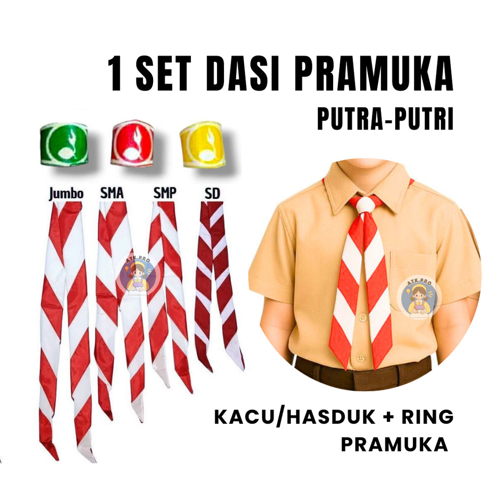 (1 SET) Dasi Pramuka dan Ring / Hasduk Pramuka SD SMP SMA Putra Putri PER SET / Kacu Pramuka Merah P